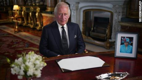 Britain's King Charles III delivers his address to the nation and the Commonwealth from Buckingham Palace, London, Friday, Sept. 9, 2022, following the death of Queen Elizabeth II on Thursday. (Yui Mok/Pool Photo via AP)