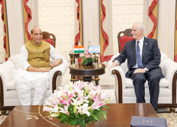 The Union Minister for Defence, Shri Rajnath Singh with the Defence Minister of Argentine Republic, Mr Jorge Enrique Taiana ahead of their bilateral talks, in New Delhi on July 18, 2023.