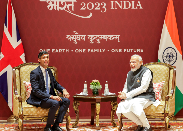 PM in a bilateral meeting with the Prime Minister of the United Kingdom, Mr. Rishi Sunak during G20 Summit, in New Delhi on September 09, 2023.