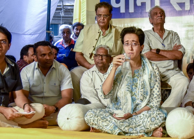 New Delhi, Jun 22 (ANI): Communist Party of India (CPI) General Secretary D Raja addresses during the Aam Aadmi Party's (AAP) indefinite hunger strike over the water crisis, which entered the second day, in New Delhi on Saturday. Delhi Water Minister Atishi and others are also present. (ANI Photo/Ritik Jain)